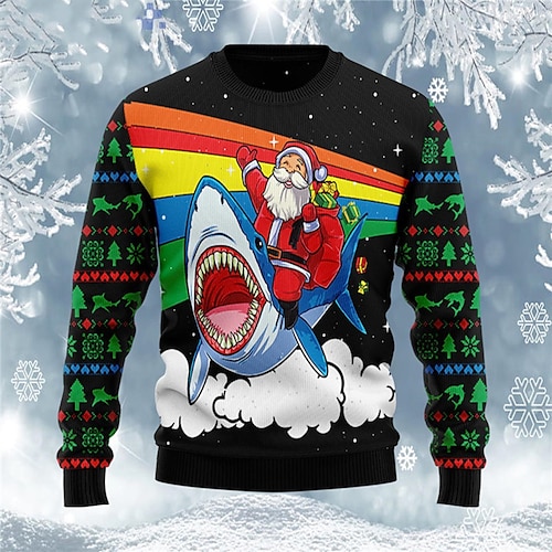 

Santa Claus Shark Casual Men's Knitting Print Ugly Christmas Sweater Pullover Sweater Jumper Outdoor Christmas Daily Long Sleeve Crewneck Sweaters Black Fall Winter S M L Sweaters