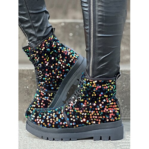 

Femme Bottes Bottes de Combat Halloween du quotidien Bottines Bottines Talon Plat Décontractées Confort Paillette Lacet Coloré Noir