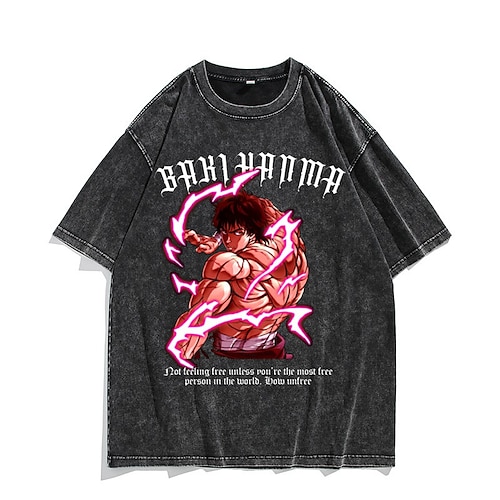 

Baki, o Grappler Hanma baki Japonesa/Curta Camiseta lavada com ácido extragrande Imprimir Arte Gráfica Camiseta Para Homens Mulheres Unisexo Adulto Hot Stamping 100% algodão Casual / Diário