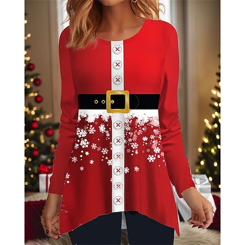 

Femme T shirt Tee Chemise de Noël Noir Rouge L'assistant du Père Noël Tunique fluide Imprimer manche longue Soirée Noël Fin de semaine Fête / Célébration Col Rond Standard Peinture Printemps Automne