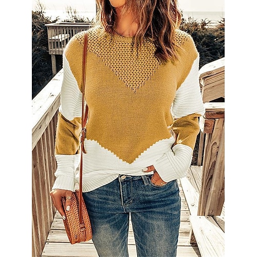 

Mulheres Pulôver suéter Saltador Estriado Tricotar Patchwork Bloco de cor Gola Redonda à moda Casual Ao ar livre Diário Outono Inverno Preto Amarelo S M L