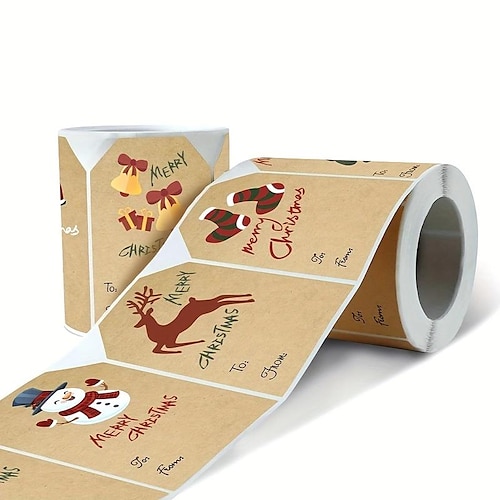 

250 Stück/Rolle Weihnachtsaufkleber – 2 x 3 Kraftpapier-Baumsocken, Schneemann, Elch, frohe Weihnachten