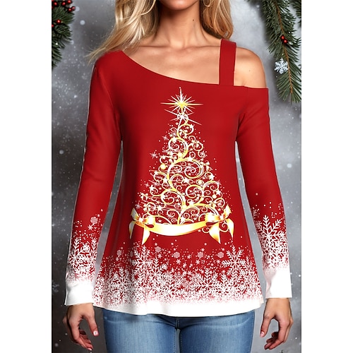 

Damen T Shirt Weihnachts-Shirt Schwarz Rote Purpur Weihnachtsbaum Schneeflocke Bedruckt Langarm Weihnachten Wochenende Fest / Feiertage Diagonaler Hals Regular Fit Farbe Frühling Herbst