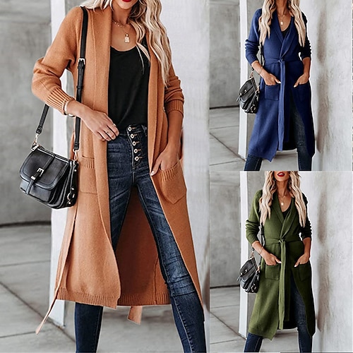 

Damen Strickjacke Strickwaren Gerippt Stricken Lang mit Schnürung Tasche Feste Farbe Öffnung vorne Stilvoll Brautkleider schlicht Outdoor Täglich Herbst Winter Armeegrün Blau Orange S