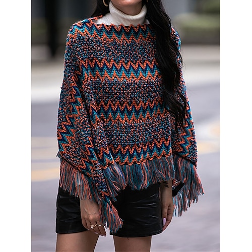

Boléro Maille Femme Crocheté Tricoter Franges Rayé Col Ras du Cou mode Décontractées Extérieur du quotidien manche longue Automne Hiver Rouge Bleu S M L