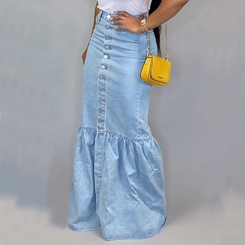 

Women's Skirt Trumpet / Mermaid Denim Max Cotton Pale Blue Skirts With Train Fall Winter Patchwork Fashion Elegant Street Daily S M L