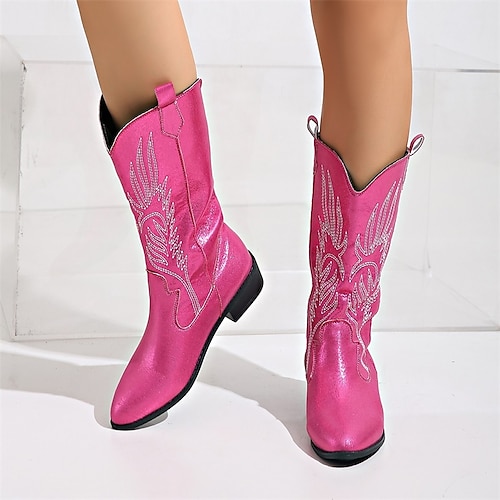 

Mujer Botas Botas cowboy Tallas Grandes Exterior Trabajo Diario Botas a media pierna Bordados Talón de bloque Tacón Cuadrado Dedo Puntiagudo Moda Elegante Clásico PU Mocasín Floral Rosa Brillante