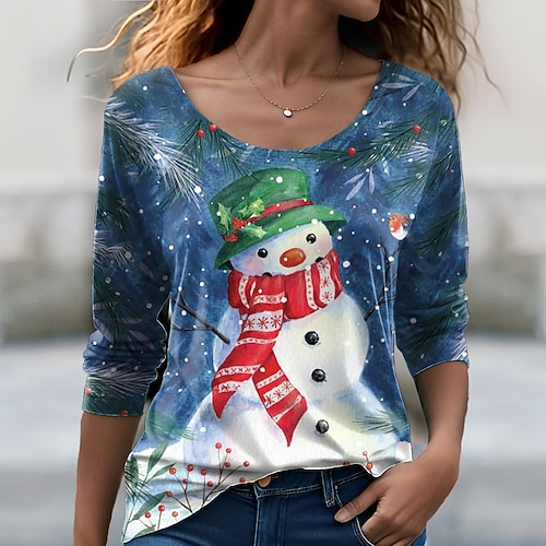 

Women's T shirt Tee Christmas Shirt Blue Snowman Print Long Sleeve Christmas Weekend Festival / Holiday Round Neck Regular Fit Painting Spring Fall