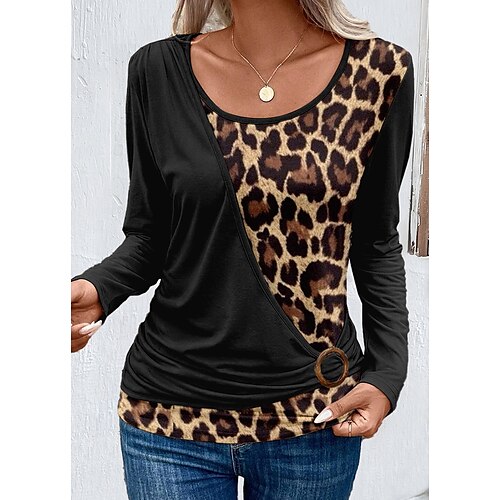 

Mulheres Camiseta Preto Leopardo Imprimir Manga Longa Diário Final de semana Moda Decote Redondo Normal Pintura Primavera Outono