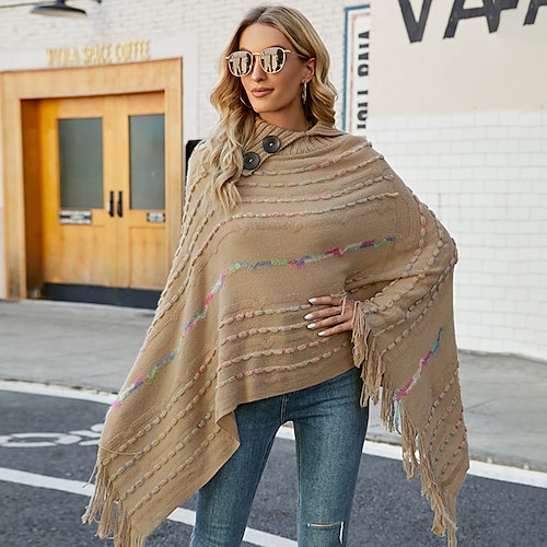 

Mujer Poncho suéter Puente Fornido Tejer Sayo Botón Borlas A Rayas Cuello Camisero Elegante Casual Diario Manga Murciélago Primavera Otoño Negro Blanco Tamaño Único