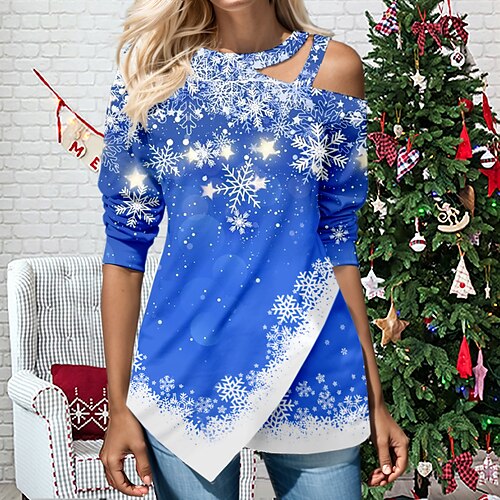 

Women's Shirt Blouse Blue Snowflake Cut Out Asymmetric Print Long Sleeve Christmas Casual Festival / Holiday Round Neck Regular Fit Spring Fall