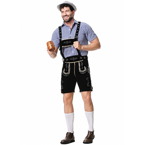  Μπύρα Oktoberfest Στολές Lederhosen Πουκάμισο βαυάρος βαυάρος Γερμανικά Λιβάδια Ανδρικά Πανί παραδοσιακού στυλ Μπλούζα Κοντά Παντελονάκια Καπέλο