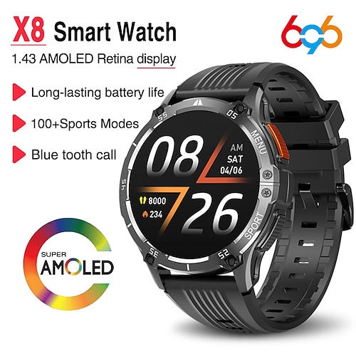 

696 X8 Smartwatch 1.43 Zoll Smartwatch Fitnessuhr Bluetooth Schrittzähler Anruferinnerung Schlaf-Tracker Kompatibel mit Android iOS Herren Freisprechanlage Nachrichterinnerung Kamera Kontrolle IP 67