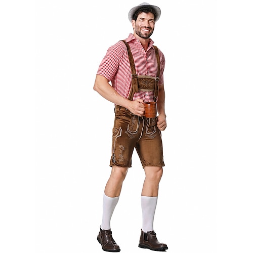  Μπύρα Oktoberfest Στολές Lederhosen Πουκάμισο βαυάρος βαυάρος Γερμανικά Λιβάδια Ανδρικά Πανί παραδοσιακού στυλ Μπλούζα Κοντά Παντελονάκια Καπέλο