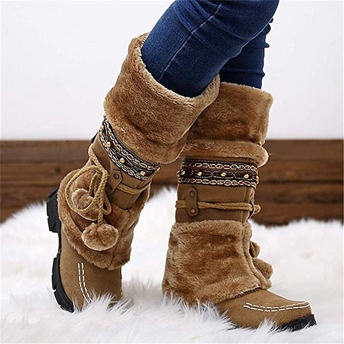 

Women's Boots Snow Boots Winter Boots Outdoor Daily Fleece Lined Knee High Boots Winter Bowknot Pom-pom Chunky Heel Round Toe Casual Industrial Style PU Lace-up Black Purple Brown