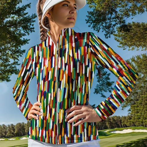 

Femme Vestes de golf Chaud Respirable Evacuation de l'humidité manche longue Vêtements d'extérieur de golf Top Standard Zippé Rayure Printemps Automne Tennis Le golf Pickleball