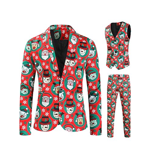 

Trajes de fiesta divertidos y feos de Navidad rojos para hombre, 3 piezas, estampados, corte a medida, botonadura sencilla, un botón, 2023