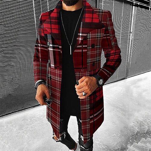 

Christmas Purple Plaid Trench Coat Mens Graphic Jacket Business Casual Work Wear To Going Out Fall & Winter Stand Collar Long Sleeve Black Yellow Red Xl Polyester