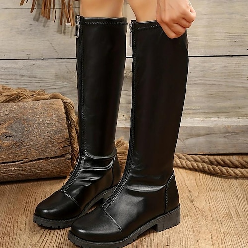 

Mulheres Botas Botas de Moto Tamanhos Grandes Ao ar livre Diário Botas Longas Sem Salto Ponta Redonda Vintage Clássico Casual Couro Ecológico zíper Côr Sólida Preto