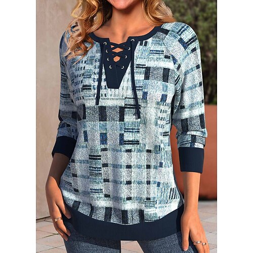 

Damen T Shirt Blau Plaid mit Schnürung Bedruckt Langarm Casual Täglich V Ausschnitt Regular Fit Frühling Herbst