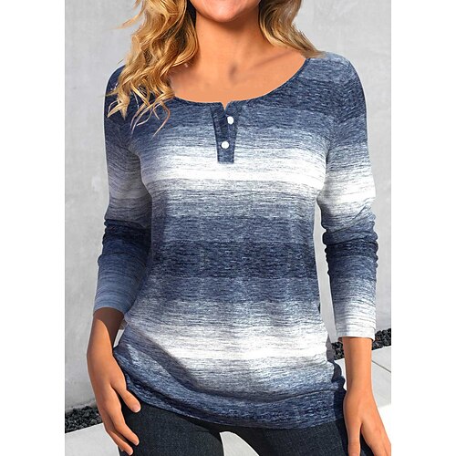 

Damen T Shirt Marineblau Farbblock Taste Bedruckt Langarm Täglich Wochenende Modisch Rundhalsausschnitt Regular Fit Farbe Frühling Herbst