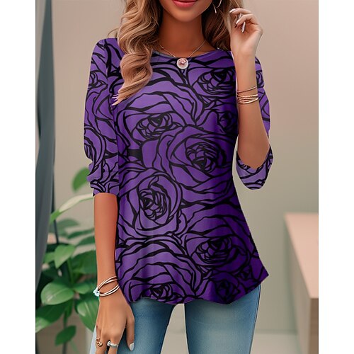 

Mujer Camiseta Morado Rosa Estampado Manga Larga Festivos Fin de semana Moda Escote Redondo Ajuste regular Flor Pintura Primavera Otoño