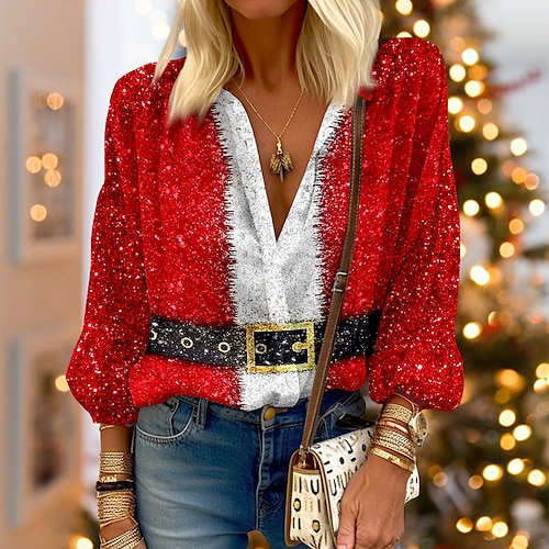 

Mulheres Camisa Social Blusa Camisa de Natal Vermelho Papai Noel Natal feio Botão Imprimir Manga Longa Festa Natal Casual Festival / feriado Colarinho Clerical Normal Primavera Outono