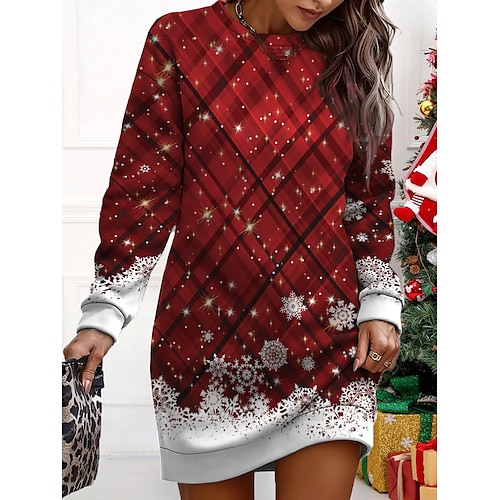 

Vestido informal de Navidad para mujer, vestido sudadera, minivestido cálido, moda, vacaciones al aire libre, cuello redondo, estampado geométrico, Papá Noel, ajuste holgado, rojo vino, burdeos, s,