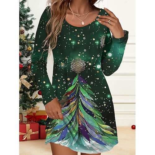 

robe de travail de Noël pour femme robe décontractée mode robe d'hiver quotidien mini robe imprimé col rond manches longues arbre flocon de neige coupe ample doré marron vert automne hiver s m l xl