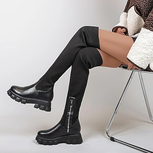 

Femme Bottes Bottes de plate-forme Grandes Tailles Extérieur Travail du quotidien Cuissardes Plateau Bout rond Mode Elégant Classique Tissage Volant Fermeture Couleur unie Noir / Rouge Noir Blanche