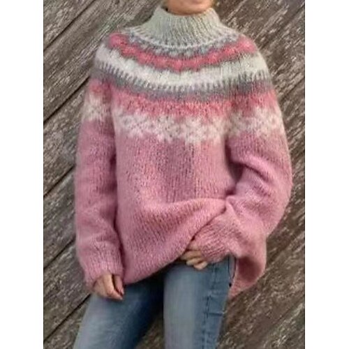 

Mujer Suéter de punto Puente Estriado Tejer De Gran Tamaño A Rayas Escote Chino Elegante Casual Exterior Navidad Otoño Invierno Rosa S M L