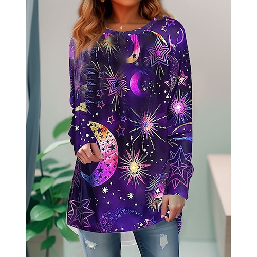 

Mujer Camiseta Camisa de Navidad Negro Rosa Morado Galaxia Árbol de Navidad Estampado Manga Larga Navidad Fin de semana Festival / Vacaciones Navidad Escote Redondo Ajuste regular Pintura Primavera