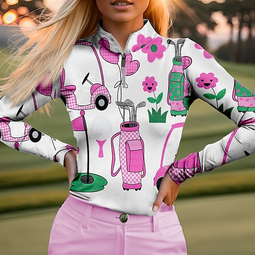 

Damen poloshirt Golfhemd Atmungsaktiv Schnelltrocknend Feuchtigkeitsableitung Langarm Golfbekleidung Golfkleidung Regular Fit Zip Stehkragen Bedruckt Frühling Herbst Tennis Golfspiel Pickleball