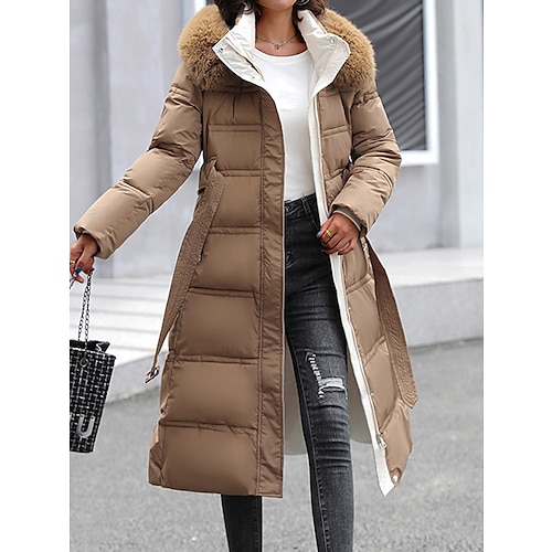 

Women's Winter Coat Long Puffer Jacket Warm Parka with Removable Faux Fur Collar Windproof Jacket with Belt Zipper Heated Hoodie Jacket Outerwear Long Sleeve