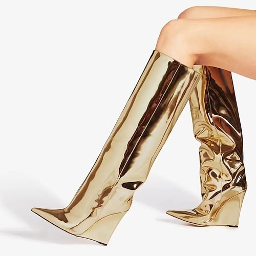 

Mulheres Botas Botas Metálicas Tamanhos Grandes Botas com salto Festa Botas Longas Inverno Salto Plataforma Dedo Apontado Minimalismo Couro Ecológico Mocassim Côr Sólida Preto Dourado