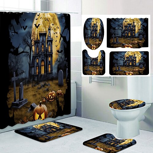 

Halloween 4 pçs conjunto de cortina de chuveiro conjuntos de banheiro moderna decoração de casa de banho com tapete de banho em forma de u e tampa de vaso sanitário e 12 ganchos