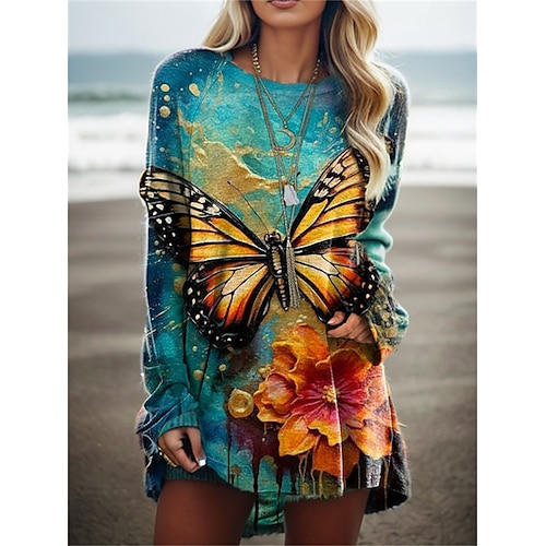 

Mujer Camiseta Rosa Azul Real Azul Piscina Mariposa Estampado Manga Larga Diario Fin de semana Moda Escote Redondo Ajuste regular Mariposa Pintura Primavera Otoño