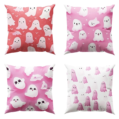 

Halloween Pink Ghost doppelseitiger Kissenbezug, 4 Stück, weich, dekorativ, quadratisch, Kissenbezug für Schlafzimmer, Wohnzimmer, Sofa, Couch, Stuhl