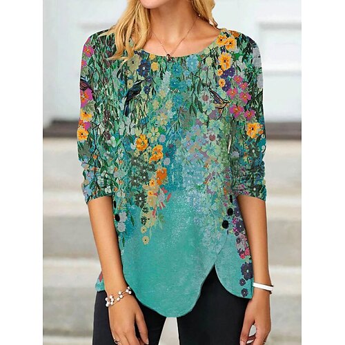 

Mulheres Camiseta Verde Floral Imprimir Manga Longa Feriado Final de semana Básico Decote Redondo Normal Tema Flores Pintura Primavera Outono