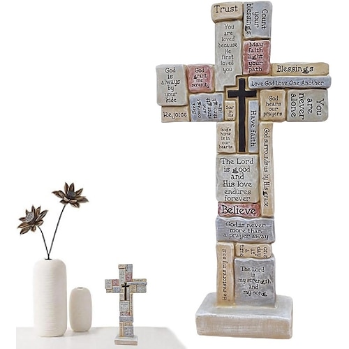 

Croix debout inspirante, croix de Jésus couvertes de mots et de phrases encourageants, décoration chrétienne pour mur, table, bureau, cheminée, rebord de fenêtre.