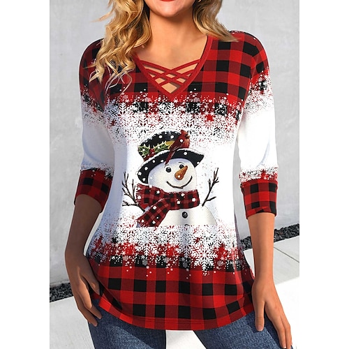 

Mujer Camiseta Camisa de Navidad Rojo Plaid Muñeco de Nieve Copo Estampado Manga Larga Navidad Fin de semana Festival / Vacaciones Escote en Pico Ajuste regular Pintura Primavera Otoño