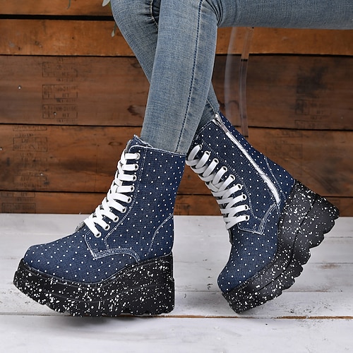 

Femme Bottes Bottes de Combat Grandes Tailles Chaussures haussantes Soirée Extérieur du quotidien Bottes genou Hiver Plateau Talon Bottier Bout rond Punk Mode Gothique Polyuréthane Lacet Couleur unie