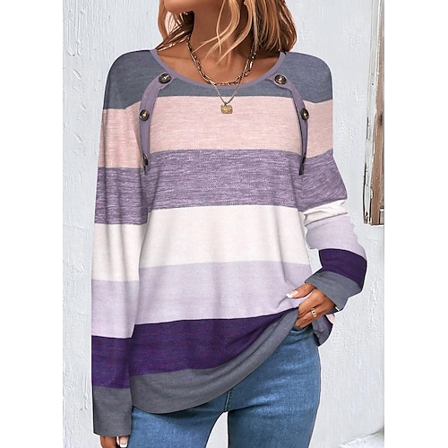 

Mujer Camiseta Morado Bloque de color Botón Estampado Manga Larga Diario Fin de semana Moda Escote Redondo Ajuste regular Pintura Primavera Otoño