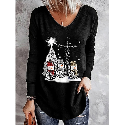 

Femme T shirt Tee Chemise de Noël Noir Bonhomme de neige Arbre de Noël Imprimer manche longue Soirée Noël Fin de semaine Fête / Célébration Col V Standard Peinture Printemps Automne