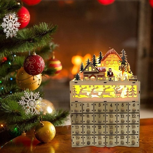  dřevěný adventní kalendář s 24 zásuvkami kutilský vánoční kalendář s led osvětlením dárek pro děti