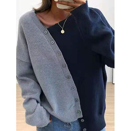 

Mujer Chaqueta de Punto Puente Estriado Tejer Regular Retazos Botón Bloque de color Escote en Pico Elegante Casual Exterior Diario Otoño Invierno Color Camello Gris Tamaño Único