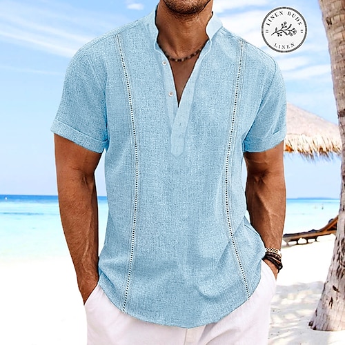 

Men's Shirt Guayabera Shirt Linen Shirt Popover Shirt Summer Shirt Beach Shirt White Navy Blue Blue Short Sleeve Plain Collar Summer Casual Daily Clothing Apparel