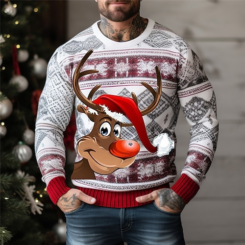 

Elk Christmas Tree Snowflake Casual Men's Knitting Print Ugly Christmas Sweater Pullover Sweater Jumper Knitwear Outdoor Daily Vacation Christmas Long Sleeve Crewneck Sweaters Black Red Green Fall