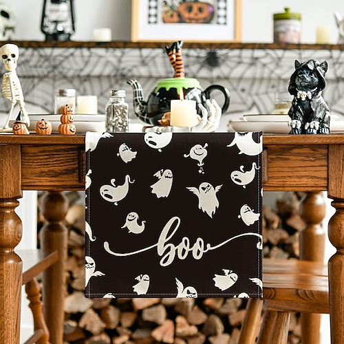 

Halloween Ghosts Table Runner, Spooky Holiday Black Kitchen Dining Table Decor, Fall Seasonal Home Decoration Indoor Outdoor Party Supply