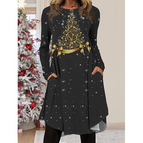 

Women's Christmas Work Dress Casual Dress Fashion Winter Dress Daily Midi Dress Pocket Print Crew Neck Long Sleeve Santa Claus Snowman Regular Fit Black Wine Red Fall Winter S M L XL XXL